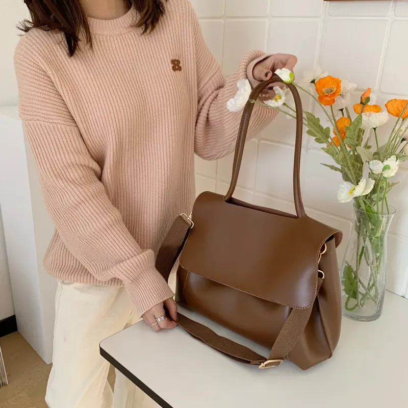 SHIS retro solid color three-purpose bag | Large capacity hand-held + shoulder + crossbody free switching | Fashionable minimalist style women's bag cloud  tote  bag pu leather