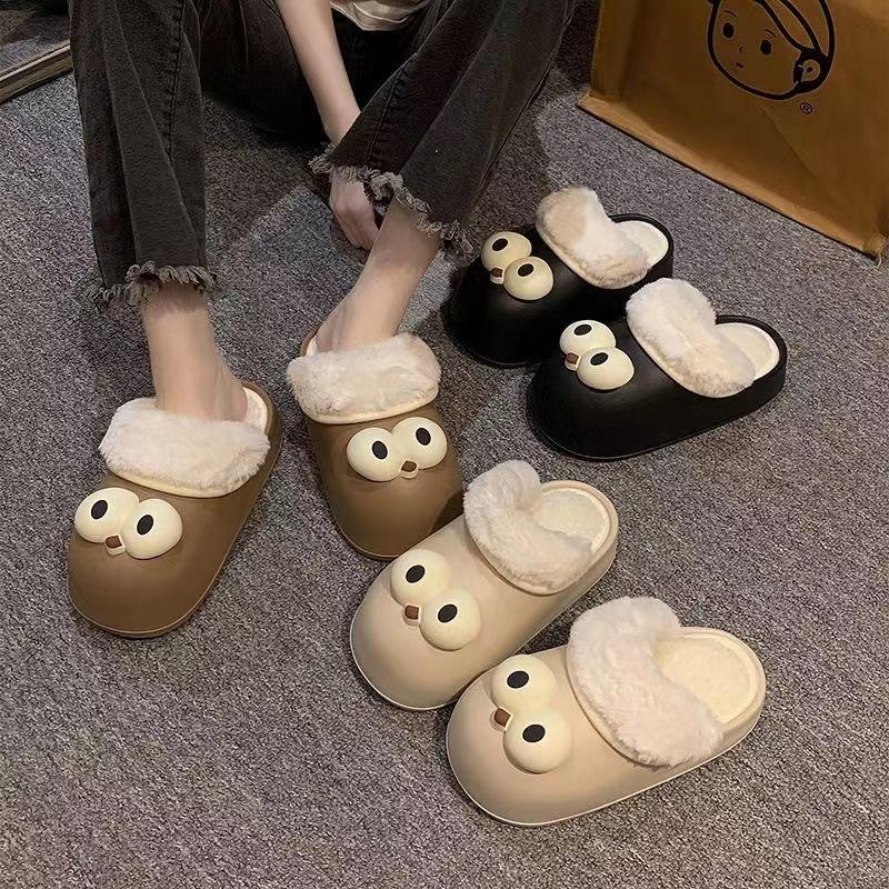 Dép sục lông mắt ngáo vô tri, dép đi trong nhà mùa đông đế cao su lót lông