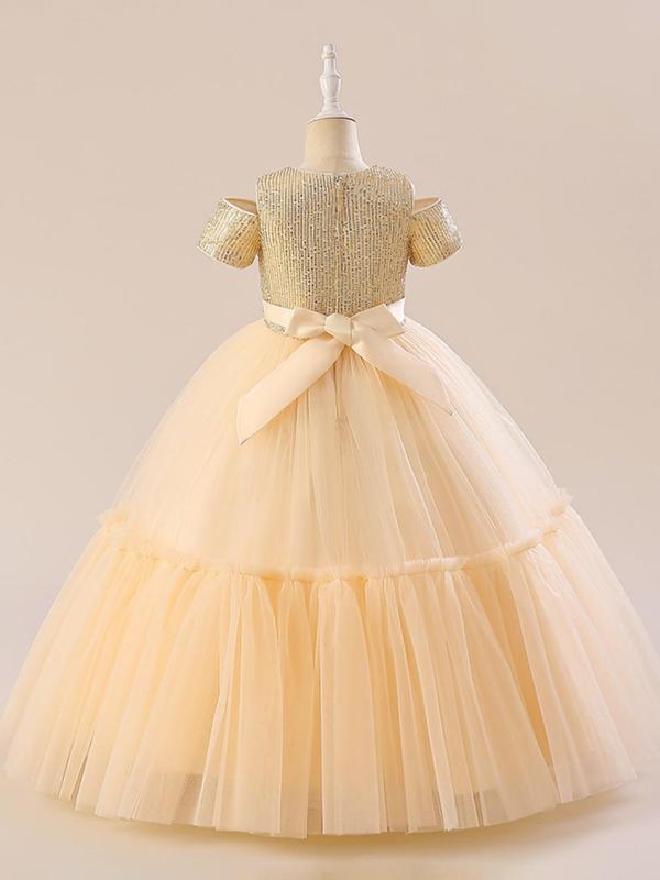 Girl's Contrast Sequin Bow Decor Tulle Dress, Elegant Round Neck Short Sleeve Fit & Flare Dress for Party, Kids Clothes for All Seasons 1