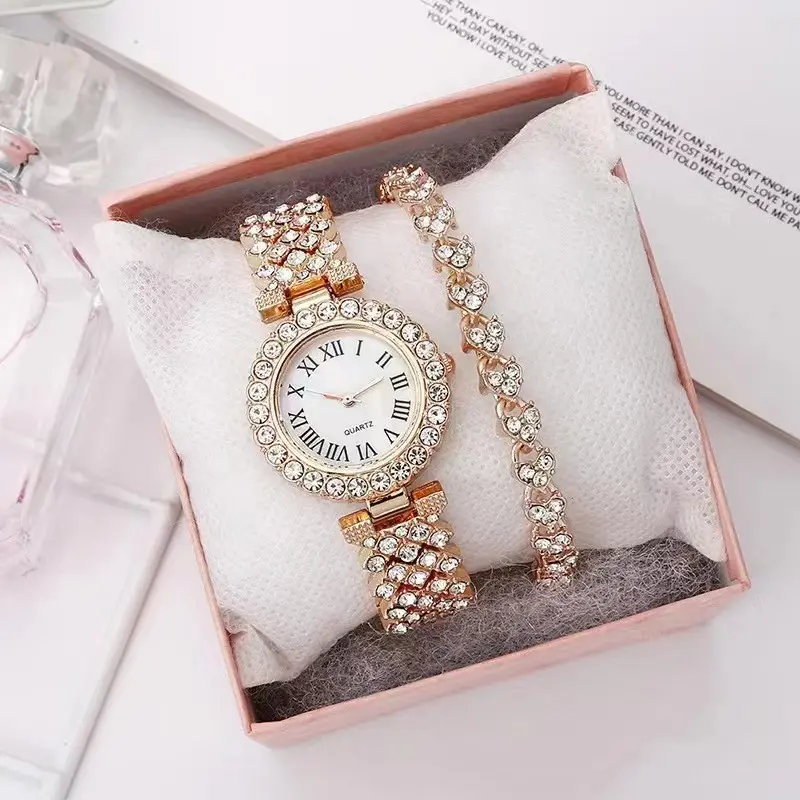 Đồng Hồ Vàng Hồng Kim Cương Giả Sang Trọng, Bộ 2 Chiếc, Đồng Hồ Đeo Tay Kim Cương Thạch Anh Thời Trang, Dành Cho Nữ, Thanh Lịch, Bộ Quà Tặng Đồng Hồ Vòng Tay Nữ 4