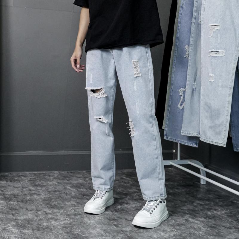 Quần Baggy jean nam ống suông rách gối chất bò denim phom thoải mái không co giãn Menswear Menswear Pants Có Túi Ong
