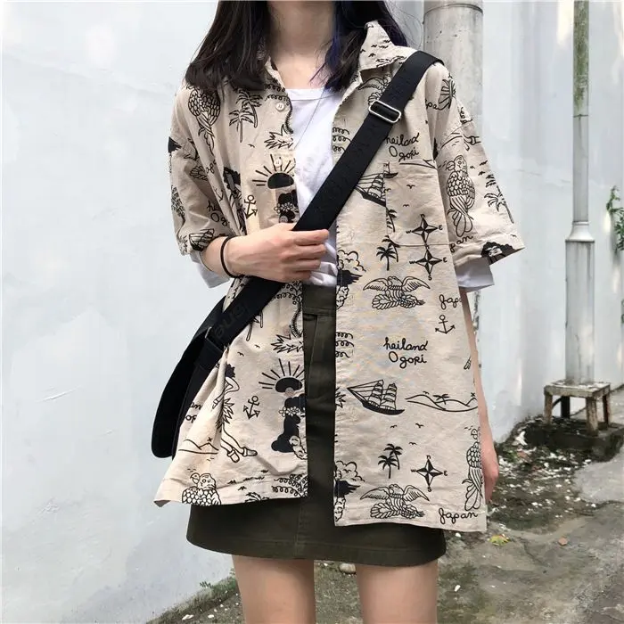 Áo Sơ Mi ngắn Tay Áo, Phong Cách Hồng Kông, Dành Cho Nữ, Dáng Rộng Vừa Vặn, Cổ Polo, In Cổ Điển Áo Polo, Phong Cách Mùa Hè, INS, Mỏng, Áo Women Top có thể giặt máy thường có thể giặt máy đễ thương Tim Shirt Cổ Tròn