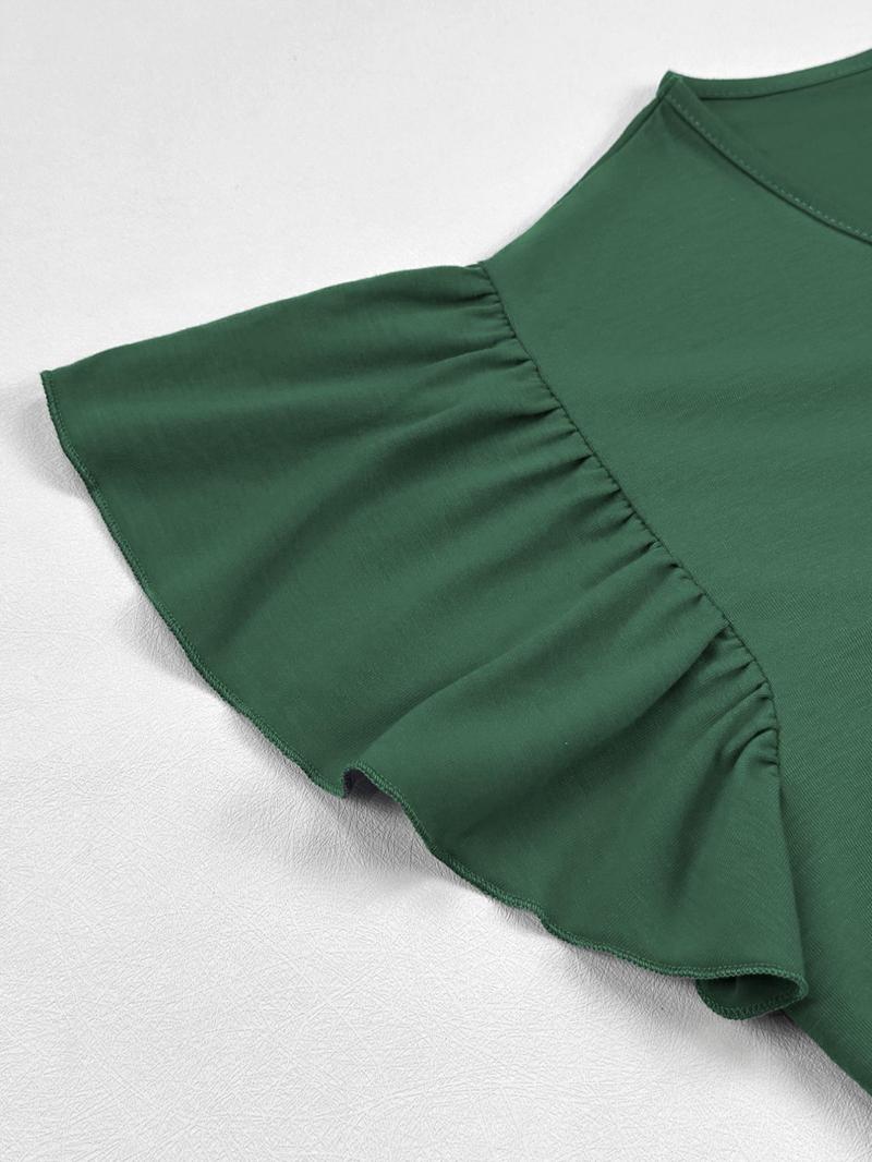 Product Introduction of 【Plus Size】 Solid Color Ruffle Hem Dress, Elegant Short Sleeve V Neck Dress for Women, Women's Plus Clothing for Summer 6