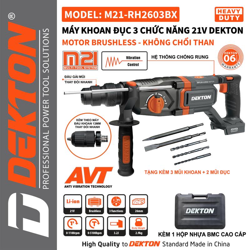 Máy Khoan Bê Tông Dekton / M21-RH2603BX / Brushless / 3.2J / SDS PLUS 26mm / Đầu Gài Mũi Thay Đổi Nhanh / Chân Phổ Thông Makita