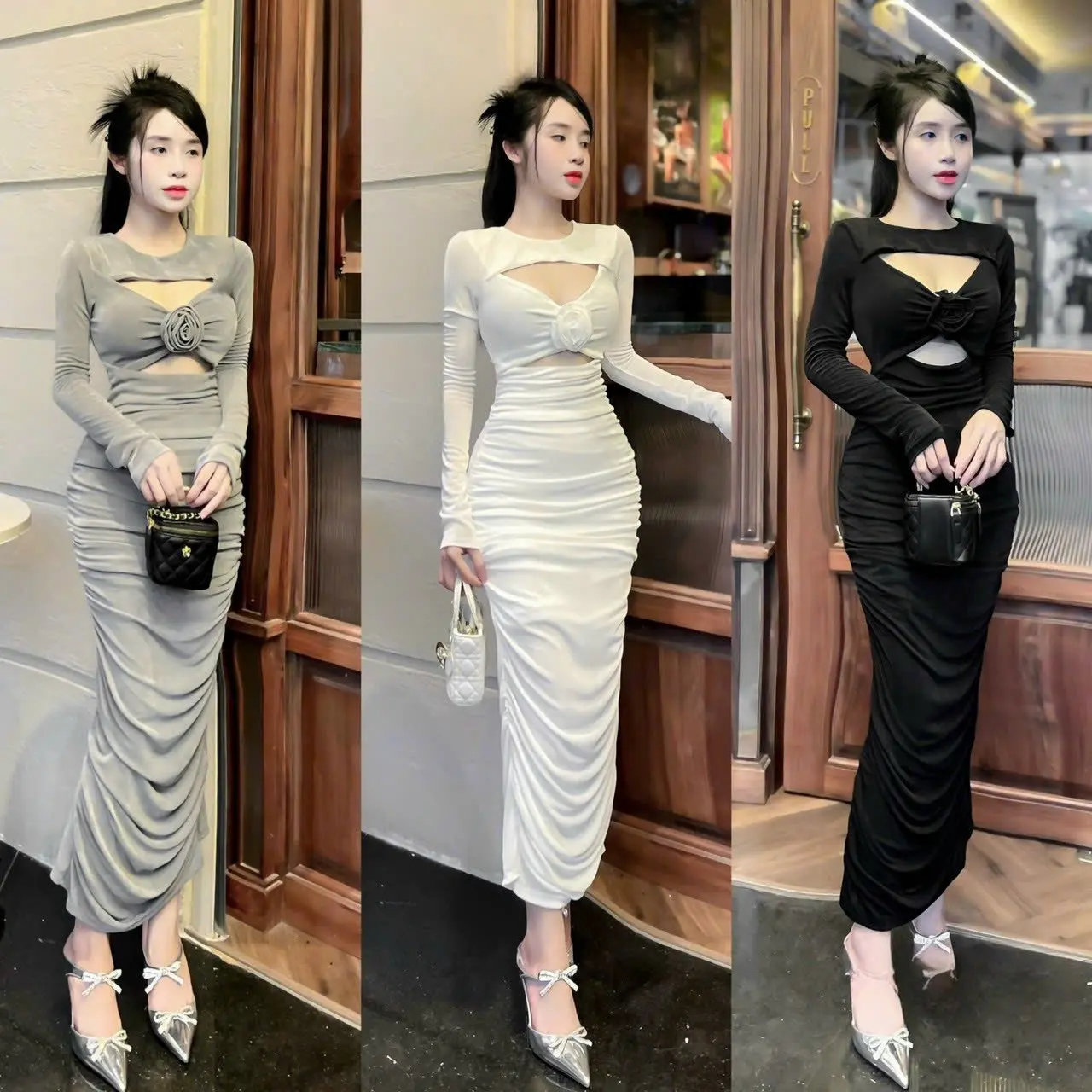 Đầm body nhún tag hoa ngực siêu hot Thông thường Thun Nữ Women Dress Ôm gọn Trơn Ladong  váy  body vay sang khoét Đen