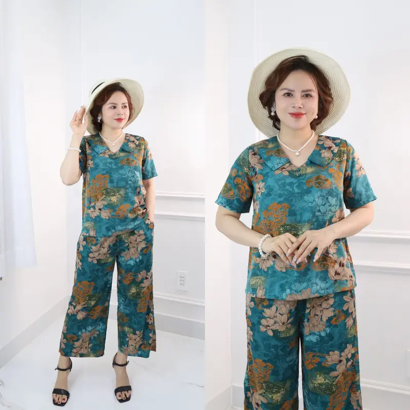 MS03 Đồ Bộ Trung Niên, Áo Cổ Nút,, Quần Suông 9 tấc, Vải Luạ Nhập cao cấp Nữ Women Top Jacket 4
