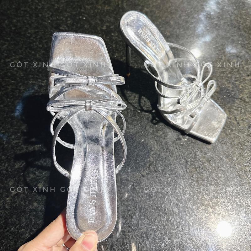 GÓT XINH - Guốc cao gót nữ mũi vuông quoai ngang phối nơ cao 7 9 11 12 phân đi học đi chơi sang chảnh mới đẹp nhất 2024 (Bạc) sandal giày Shoes DéP Cao Su Jean Đế Bằng hoa Quai Hậu giày  sandal