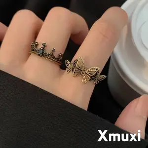[Xmuxi] Cincin Set Logam Klasik Desain Kupu-Kupu Lubang & Mahkota Batu Hitam Berlian Buka Unik Z195