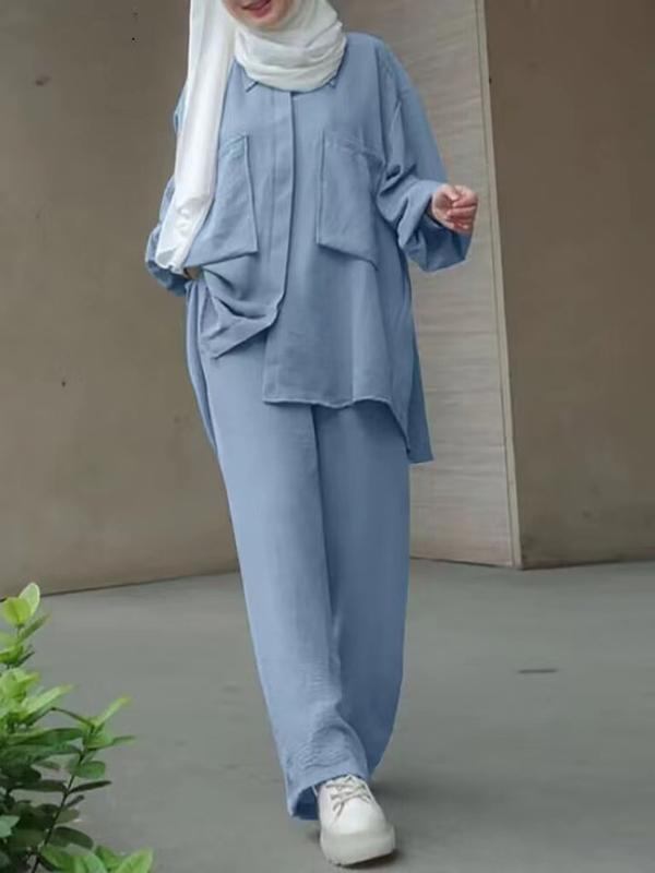 Product Introduction of 2024 Discount Middle East Muslim Long Sleeve Patch Pocket Hidden Placket Dyed Buckle Elastic Waist Trousers Shirt Outfit in Stock 3