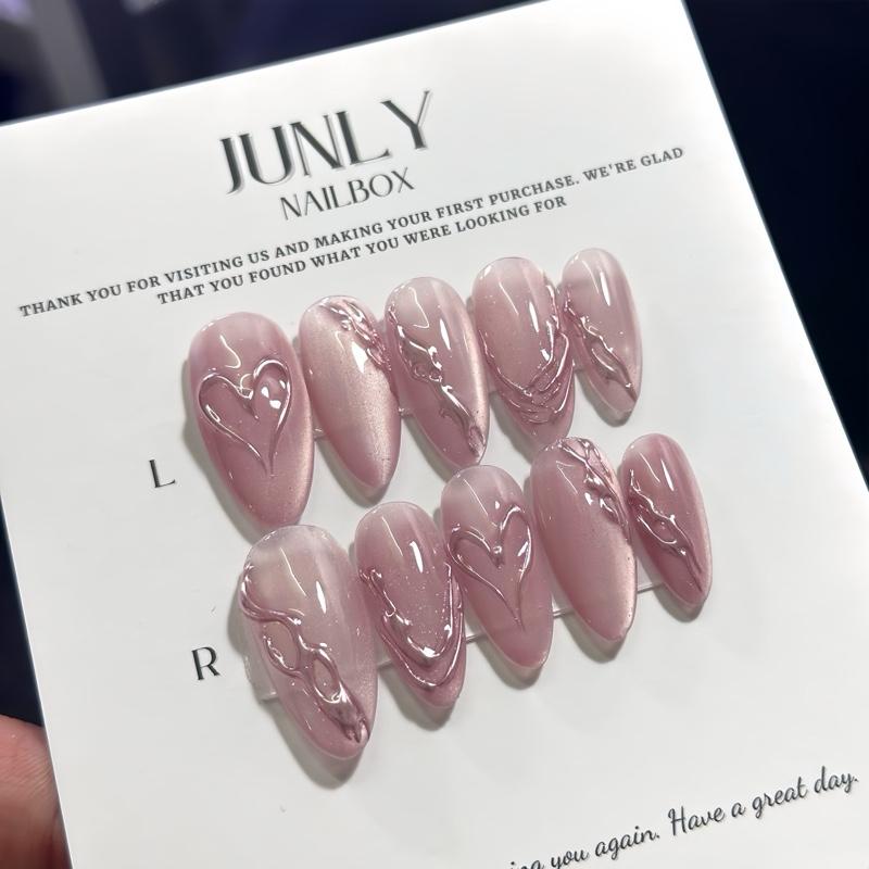 Nailbox Thiết Kế Mắt Mèo Nơ Hồng Cô Dâu, Đi Tiệc Mã 123 - Bộ Kit 10 Nail, Kèm Keo Mini, Dán Chuyên Dụng, Dũa Mini, Miếng Giấy Lau, Cây Tăm Gỡ Nail - Nữ Women