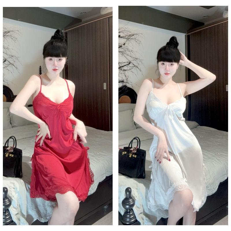 Đầm ngắn xẻ tà 2 bên có mút ngực - Chất vải lụa latin - Freesize 4O - 6O kg Hàng thiết kế NamishopOffical lụa Đầm Ngủ Váy Ngủ Dress Xanh áo liền quần trắng + áo ngoài draped