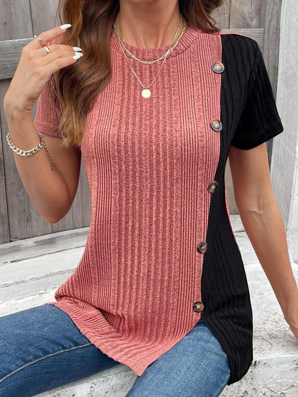 Women's Colorblock Asymmetrical Button Decor Split Hem Ribbed Crew Neck Tee, Summer Clothes, Casual Fashion Short Sleeve Round Neck T-shirt for Summer, Elegant Classy Tops, Womenswear 6