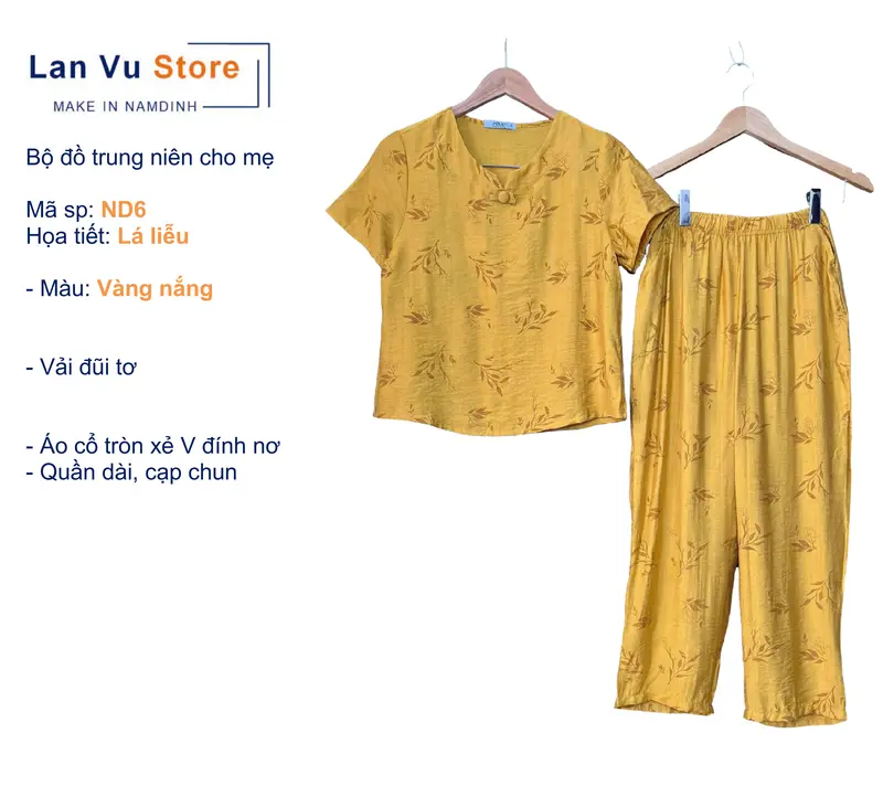 ND6 Bộ cho Mẹ, Bộ Trung Niên, Bộ mặc nhà, LANVU STORE Make in Namdinh, Họa tiết Lá liễu, Áo Cổ tròn xẻ V đính nơ, Quần suông dài 9 tấc có túi, Vải đũi tơ thoáng nhẹ Nữ Women Voi setdongu cute đồ macnha 6