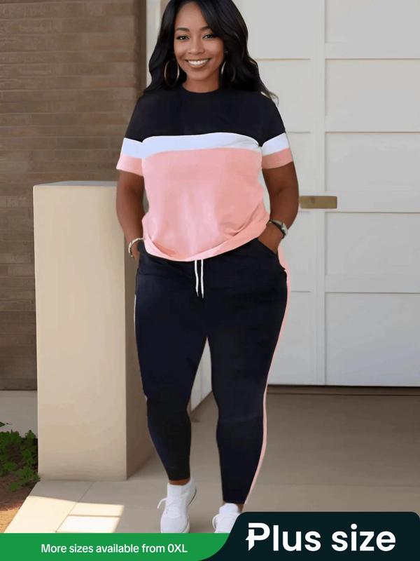 Lovelywholesale Two-piece Set Plus Size Colorblock Short Sleeve Tee & Drawstring Pocket Jogger Pants Set, Mean Girls Outfit, Co-ord Set for Women, Comfort Lady Co Ord Set, Casual Summer Clothes Set, Plus Size 2 Piece Sets 1