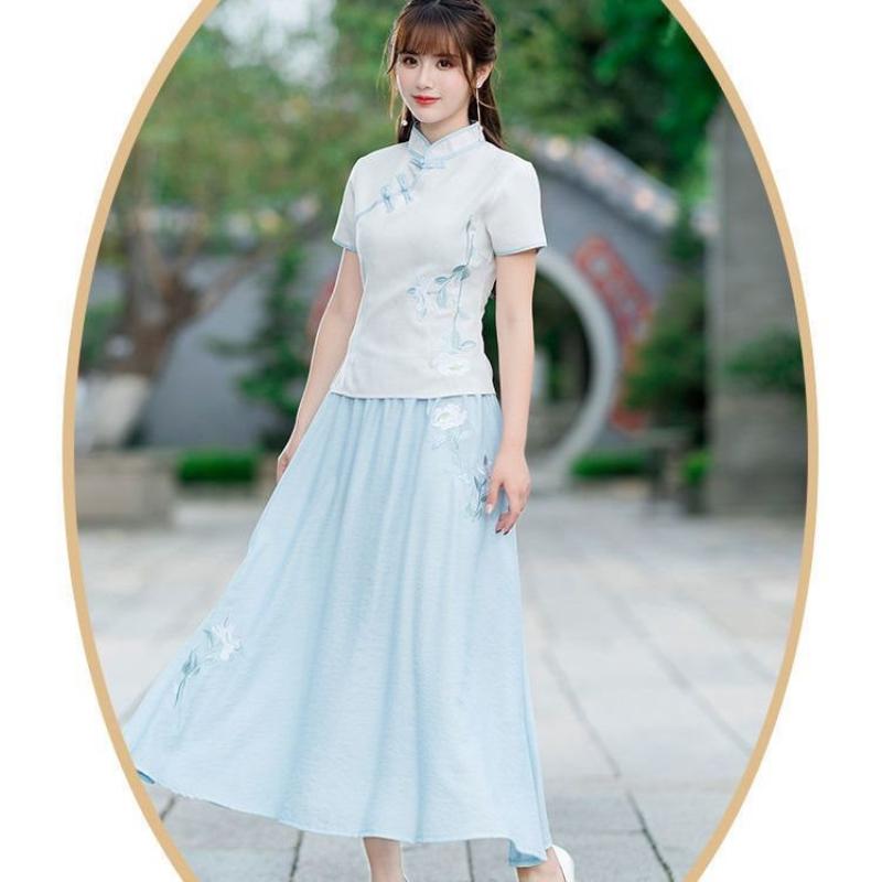 Bộ Đồ Hai Mảnh Bằng Vải Bông, Phong Cách Trung Quốc Cộng Hòa, Quần Áo Nữ, Thiết Kế Khóa Cổ Điển Chất Liệu Vải Bông Và Vải Lanh, Thêu, ngắn Tay, Thích Hợp Cho Nghệ Thuật Trà, Bộ Đồ Sườn Xám Cải Tiến 4