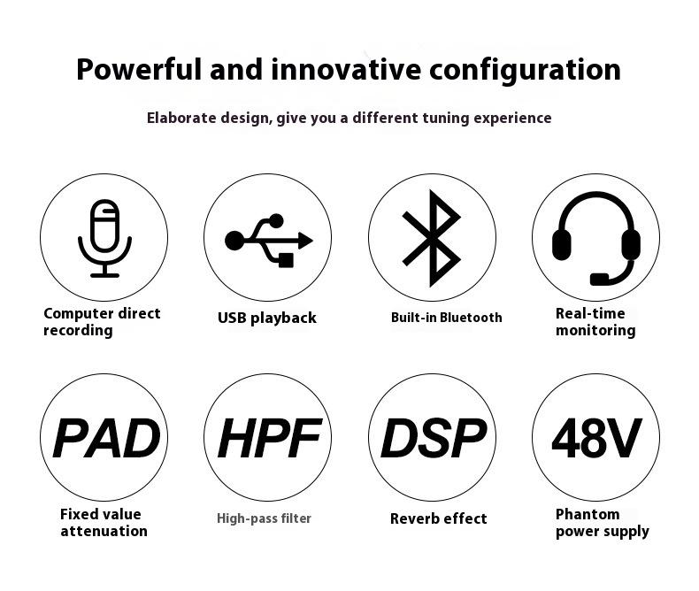 Product Introduction of Mixer 5-way computer recording Free drive sound card Live home stage Bluetooth USB DJmixer mixer 7