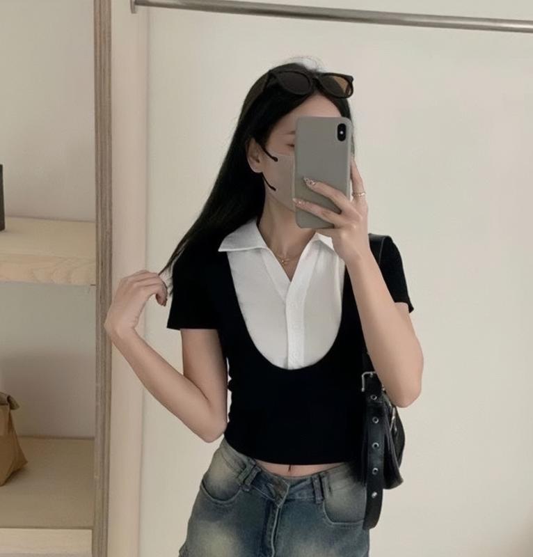 Áo Thun Top Nữ Tay Ngắn Phối Sơ Mi Cá Tính, Kiểu Baby Tee thiết kế dáng ôm hack eo