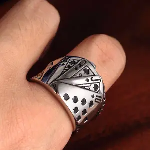 Cincin Kartu Remi S990 / Cincin Motif Kartu Poker Sekop Warna Silver Bahan Sterling Awet Kokoh / Men's Adjustable Poker Ring Solid 925 Silver / Aksesoris Fashion Cincin Murah Cowok Cool Manly Import High Quality / Cincin Anak Biker Gaul Macho