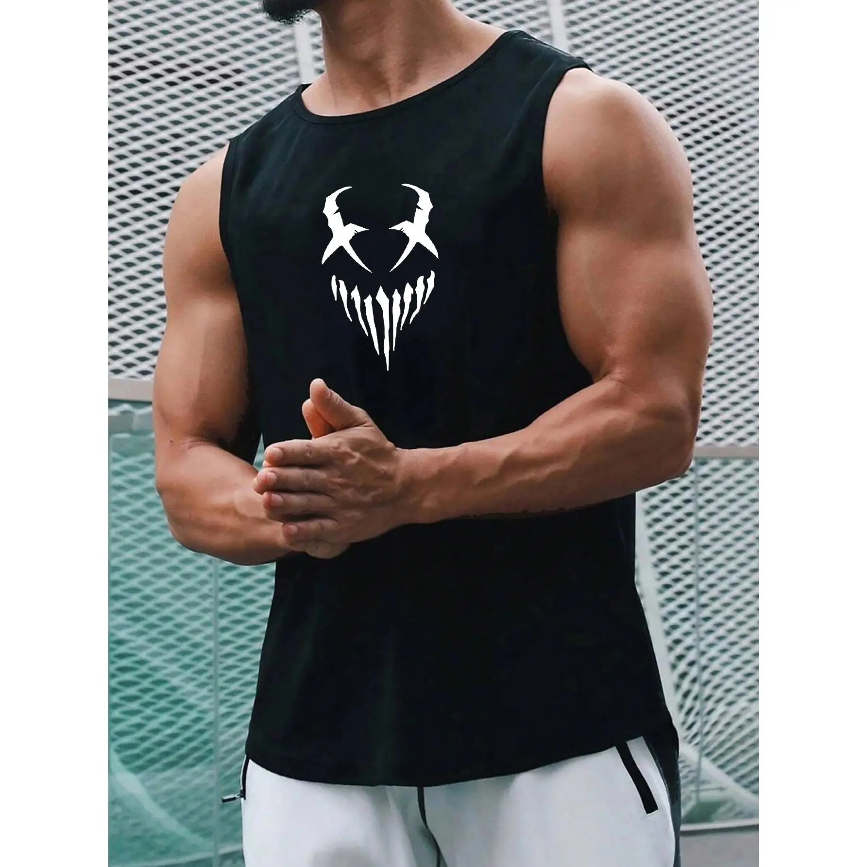 Men's Minimalist Printed Round Neck Sleeveless Tank Top, Summer Menswear Socks Tanktop Operator Motocross Black Casual Graphic Tropical