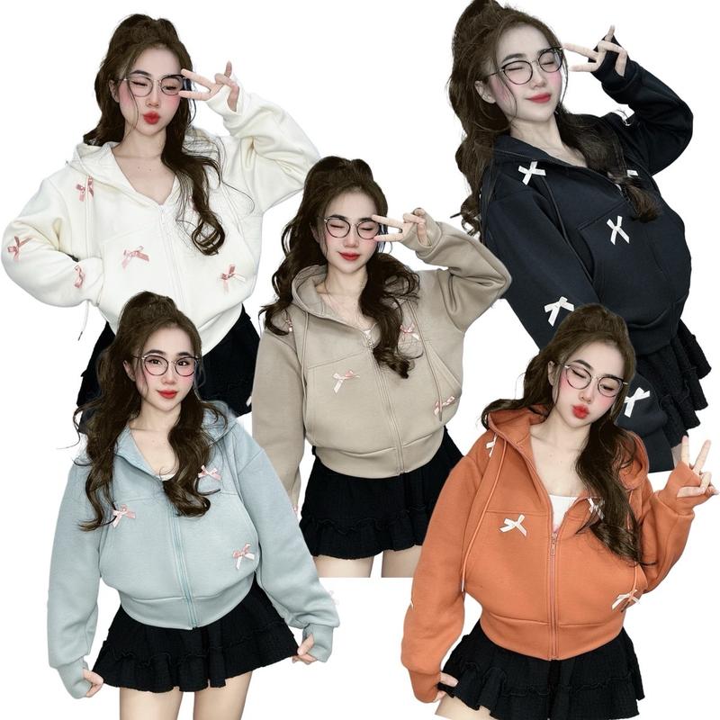 Áo khoác nữ PC 2 da điều hoà phối nơ hồng xinh - by Đào Tuyền Store Top Women Jacket việt nam ★ nâu hoodie zip
