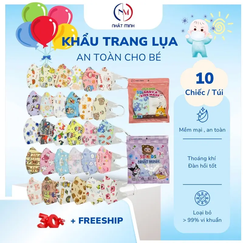 Vải LỤA - Khẩu trang 5D TRẺ EM Nhật Minh (0-8 tuổi) Mềm Mịn, Chống bụi mịn, Chống nắng, Chống tia UV,…