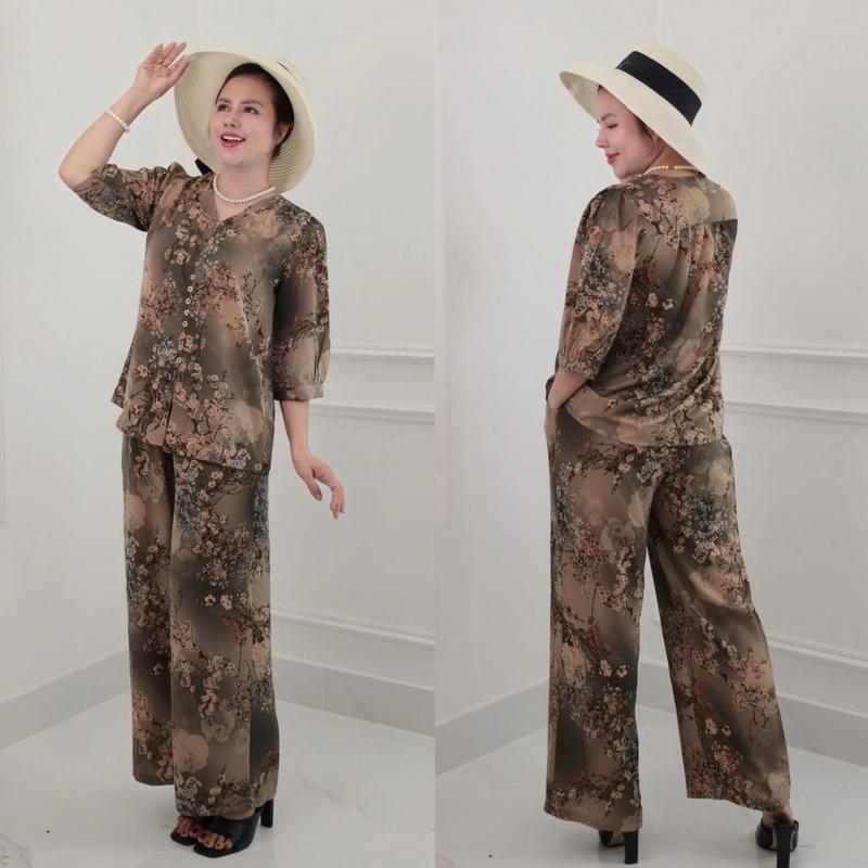  Set đồ trung niên cách điệu đồ bộ cho mẹ,áo kiểu quần dài ống rộng  chất lụa bảo anh cao cấp  Ms43 Nữ Women Polo Top Ong Voi 