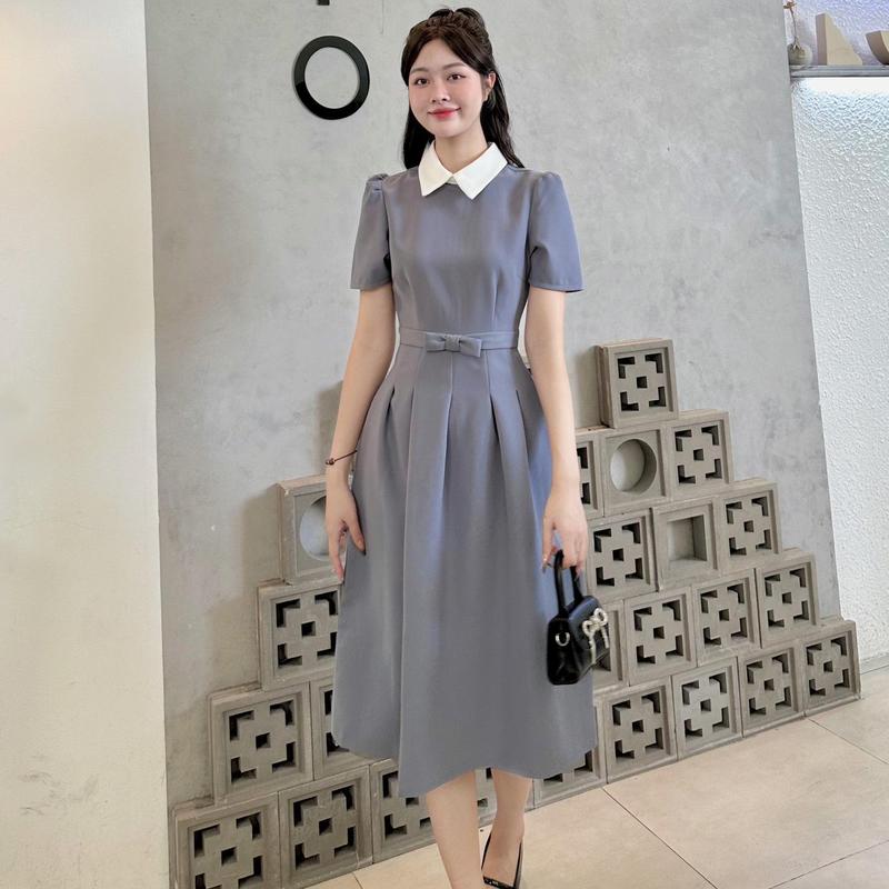 (D244)ĐẦM MIDI NỮ PHỐI CỔ SƠ MI XẾP LY EO NƠ tay phồng phong cách vintage tiểu thư chất cotton lì phù hợp đi làm đi chơi đi tiệc Women Dress