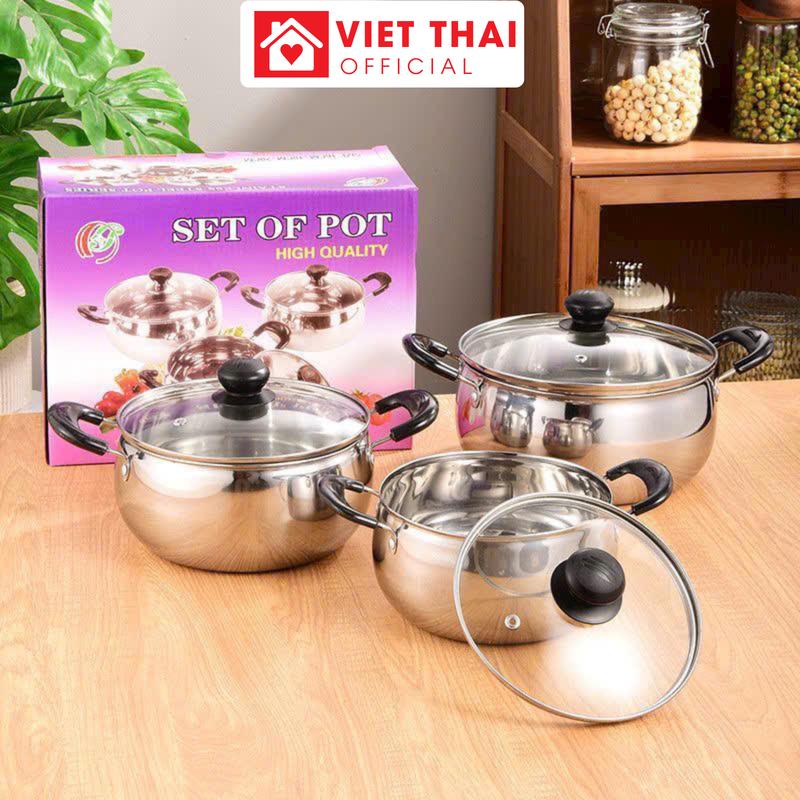 Bộ 3 Nồi Inox Cao Cấp, Nắp Thủy Tinh Trong Suốt - Phù Hợp Mọi Loại Bếp Ga, Bếp Từ, Bếp Hồng Ngoại - Dễ Dàng Vệ Sinh, Bền Bỉ