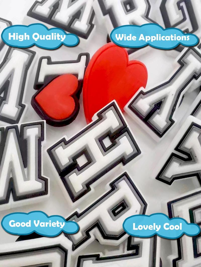 Product Introduction of Alphabet Letter & Heart Series Shoe Charms, 28pcs Cute DIY Shoe Decoration for Clogs, Fashionable Shoes Decorations for Women & Men 6