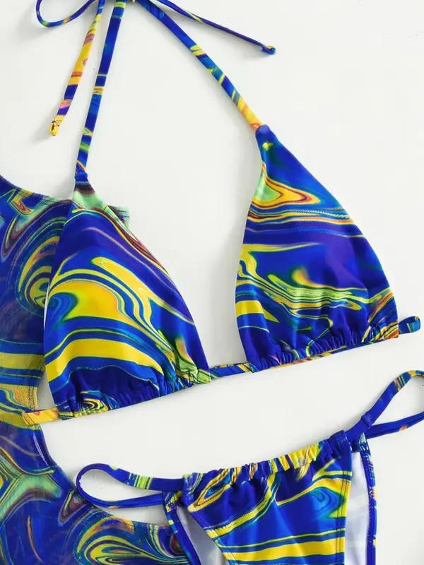 Women's All over Print Cut out Triangle Bikinis for Summer 2024, Drawstring Tie Back Halter Neck High Cut Swimwear Set for Summer, Swimsuit for Beach Holiday 8