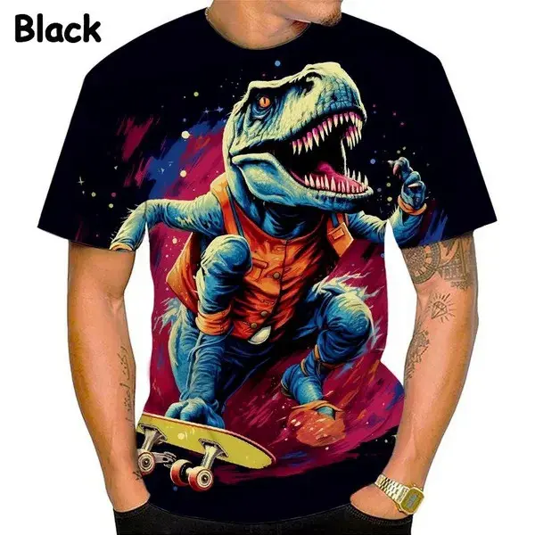 Men's hip hop style streetwear tops fun dinosaur skateboard graphic short sleeve T-shirt streetwear Casual Breathable