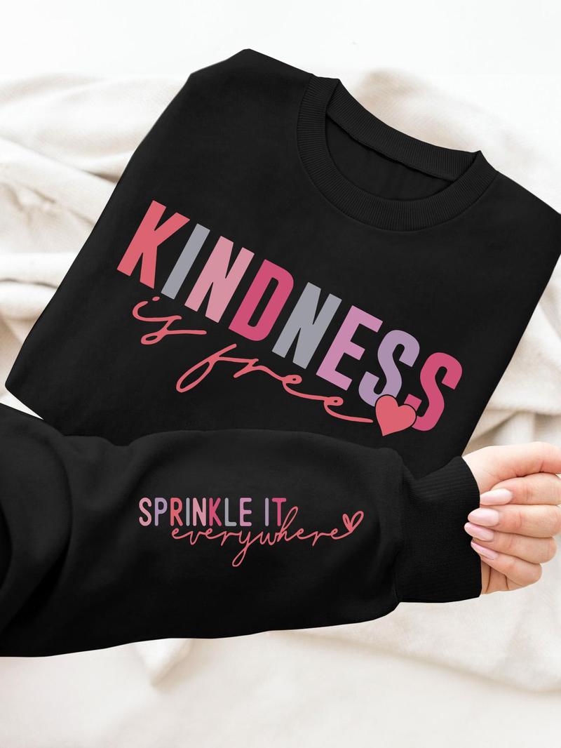 Product Introduction of Women's Heart & Letter Print Drop Shoulder Sweatshirt, Casual Long Sleeve Round Neck Pullover for Fall & Winter, Women's Clothes for Daily Wear 5