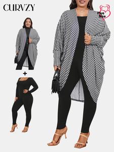 CURVZY Plus Size Solid Square Neck Skinny Jumpsuit & Houndstooth Print Batwing Sleeve Coat, Women's Plus Clothing for Daily Wear