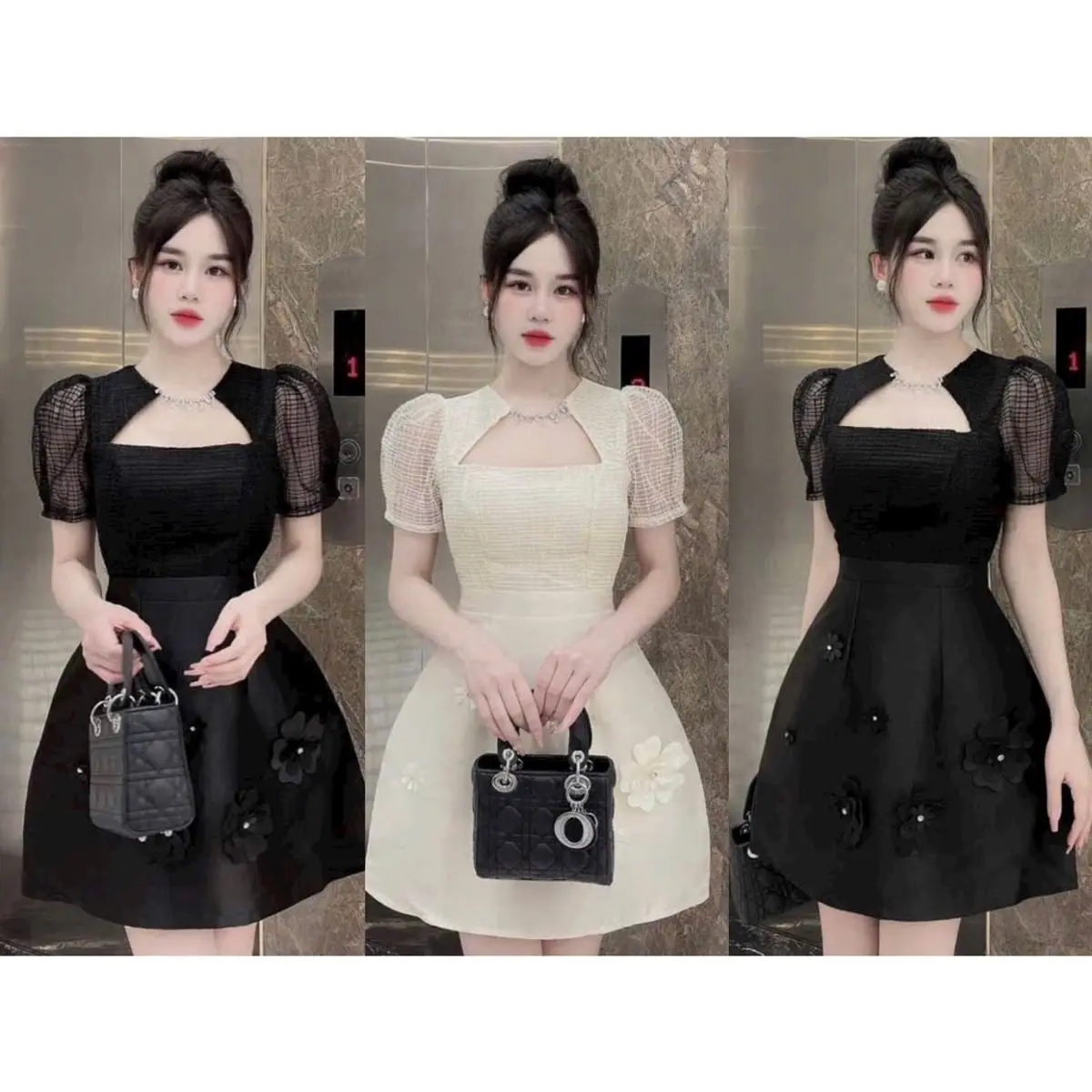Đầm vày nữ đi tiệc,đầm phối  ren đính đá tay bồng dáng xòe thiết kết cổ phối dây đinh hoa nổi sang trọng thanh lịch Dress Voan