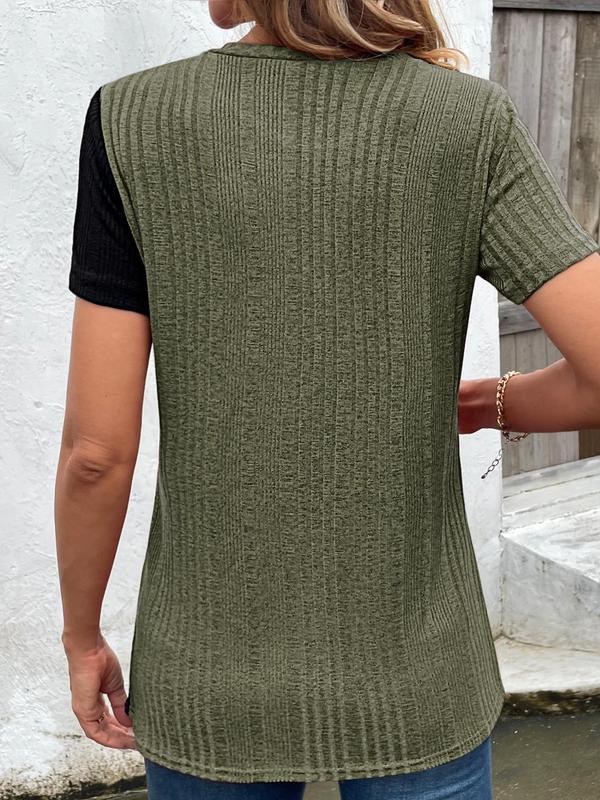 Women's Colorblock Asymmetrical Button Decor Split Hem Ribbed Crew Neck Tee, Summer Clothes, Casual Fashion Short Sleeve Round Neck T-shirt for Summer, Elegant Classy Tops, Womenswear 1