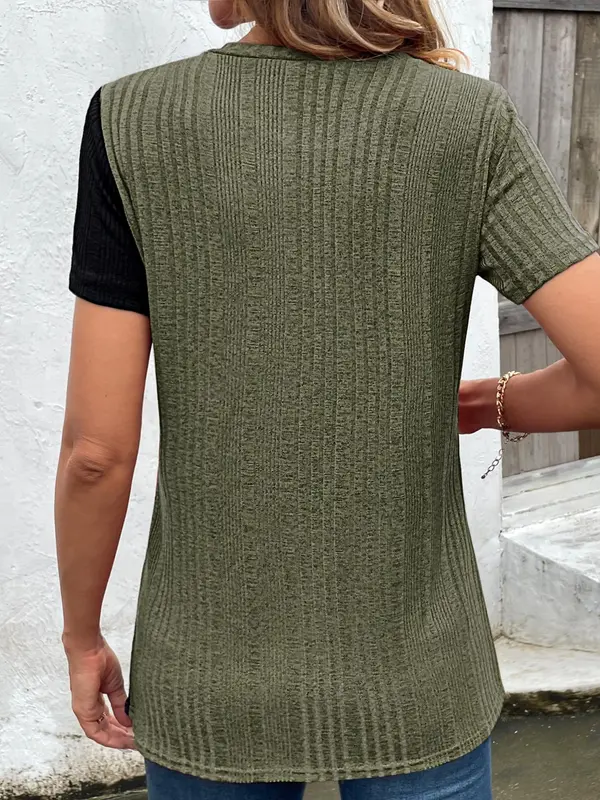 Women's Colorblock Asymmetrical Button Decor Split Hem Ribbed Crew Neck Tee, Summer Clothes, Casual Fashion Short Sleeve Round Neck T-shirt for Summer, Elegant Classy Tops, Womenswear 1