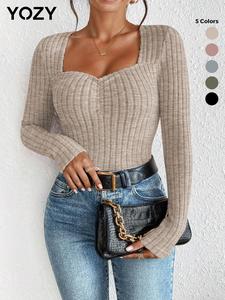 YOZY Valentine's Day Gift for Girl, Women's Sweetheart Neck Ruched Tee, Casual Solid Color Long Sleeve T-shirt for Spring & Fall, Women's Top for Daily Wear, Fall&winter Clothes