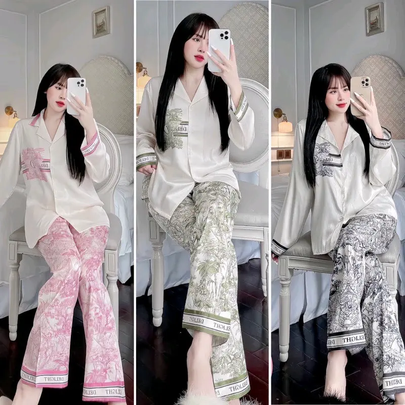 Pijama lụa tơ xước ánh kim cao cấp tay dài màu hồng kẹo ngọt chữ del - Pizama lụa tay dài Kim Tuyến