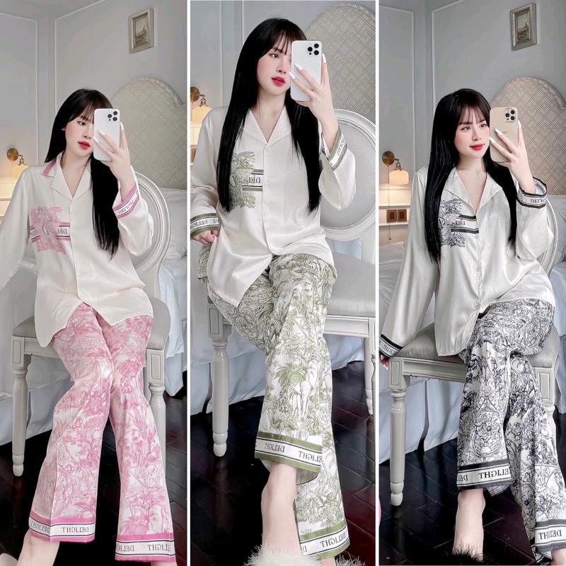 Pijama lụa tơ xước ánh kim cao cấp tay dài màu hồng kẹo ngọt chữ del - Pizama lụa tay dài Kim Tuyến 0