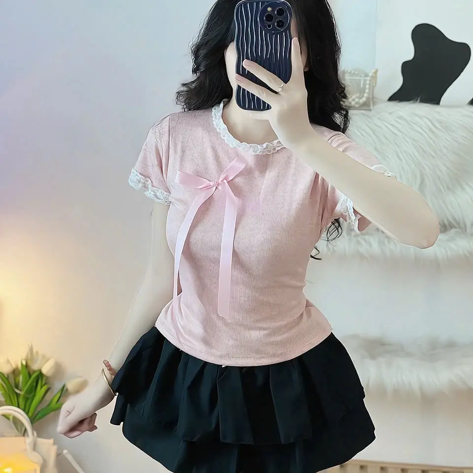 Áo thun nữ viền ren cổ và tay ngắn in chữ baby đính nơ MS0055 top women