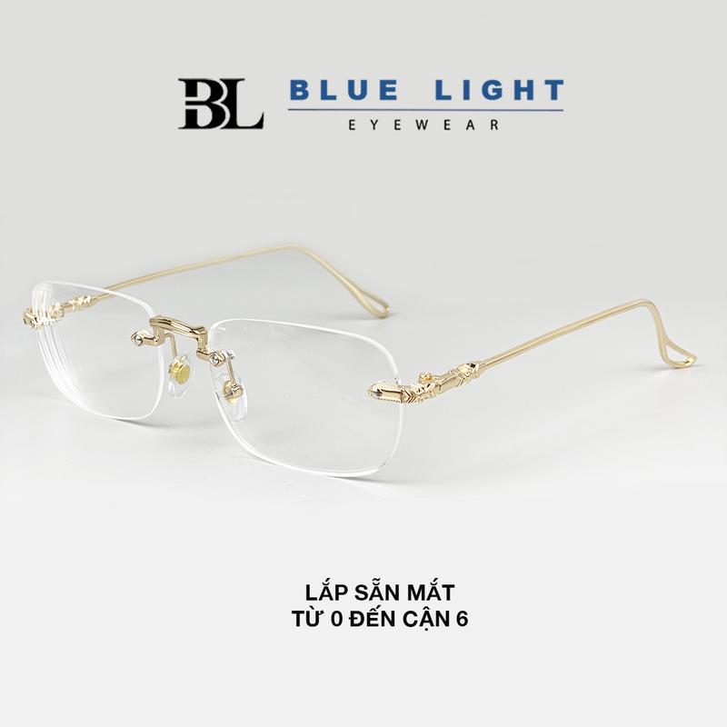 BLUE LIGHT - Gọng Kính Cận, Kính Giả Cận Nam Nữ Gọng Khoan Không Viền, Lắp Sẵn Mắt Từ 0 Đến 6 Độ, Gọng Kim Loại Vàng