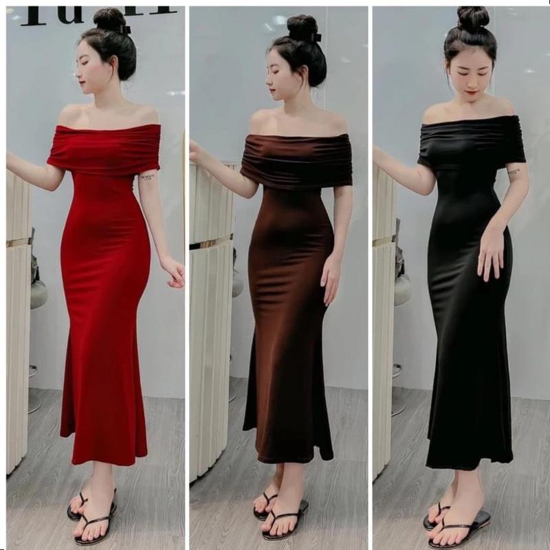 Đầm ôm Form dài trễ vai tay ngắn chất thun mềm mại co giãn thích hợp mặc đi tiệc, đi chơi Nữ Women Nhung Voi Dress Đỏ đỏ m đầm ôm body váy trễ