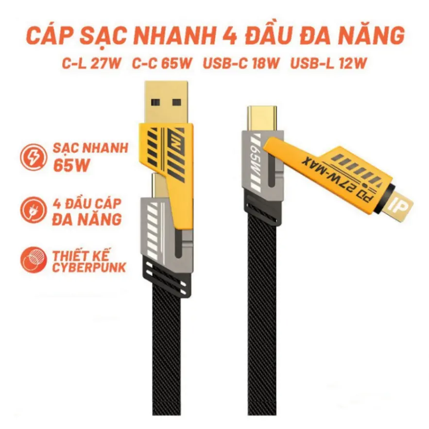 Dây Cáp Sạc Nhanh 20W => 65W 4 trong 1 cho typ.e-C bọc dù 4 cổng sạc cho 7plus x xsmax 11 12 13 14 15 pro max plus | BigBuy360 - bigbuy360.vn