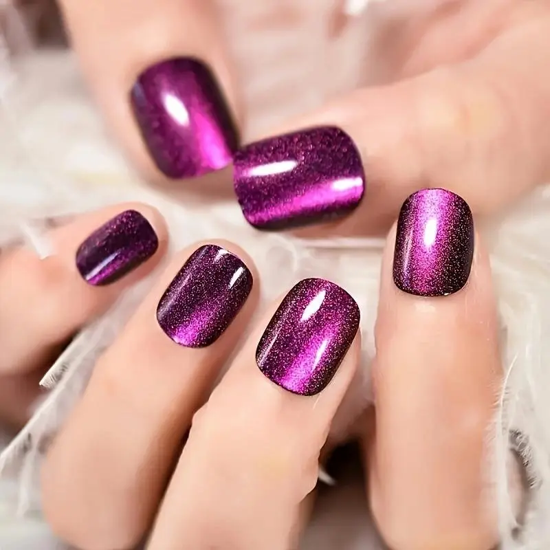 Glitter Cat's Eye Fake Nails (24pcs/box), Removable Nail Art Artificial Full Cover with Jelly Sticky Tabs & Nail Flie, Elegant Press on Fake Nail Kit 0