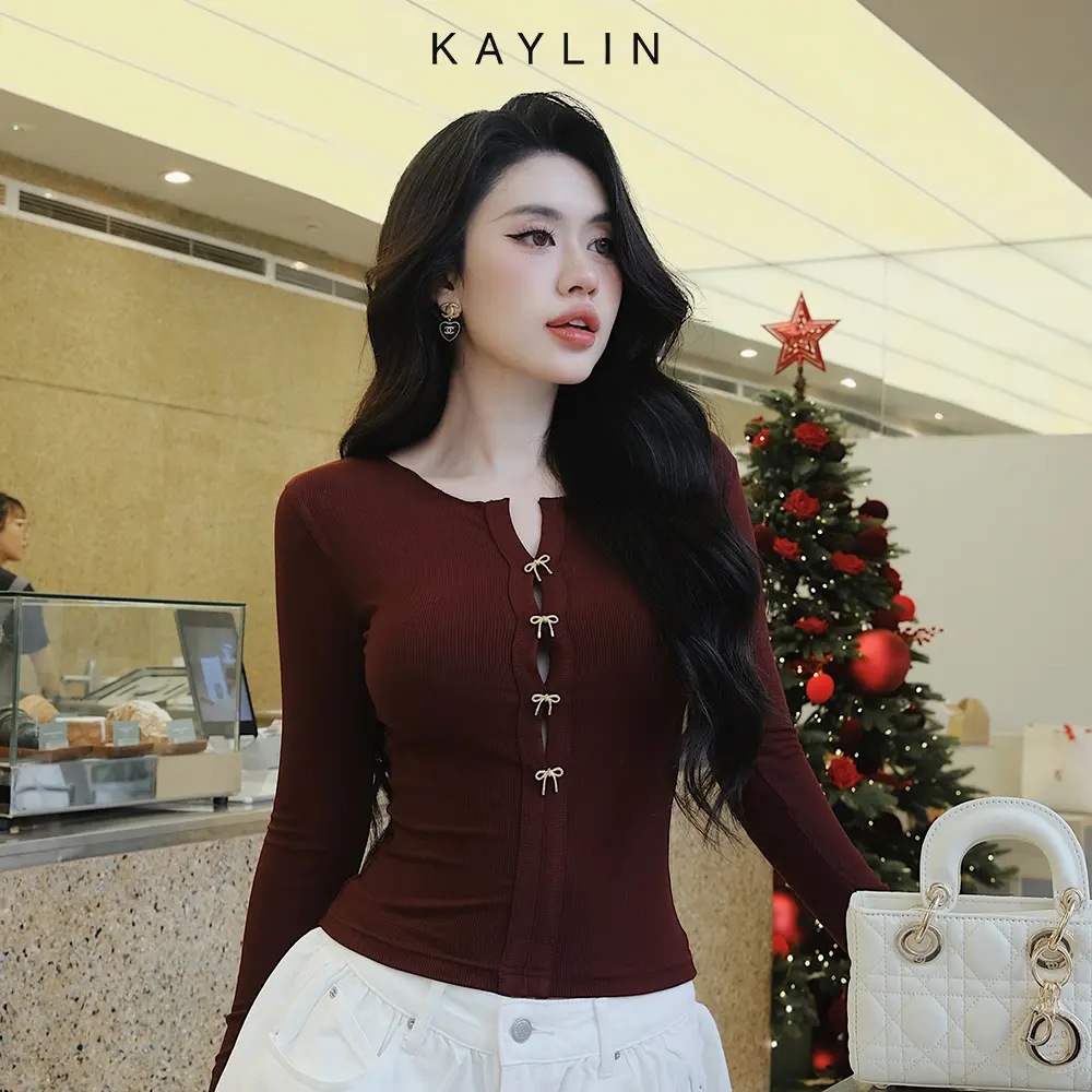 Áo thun KAYLIN tay dài phối nút kèm nơ chất vải cotton gân co giản phong cách - N2383 Nữ Women