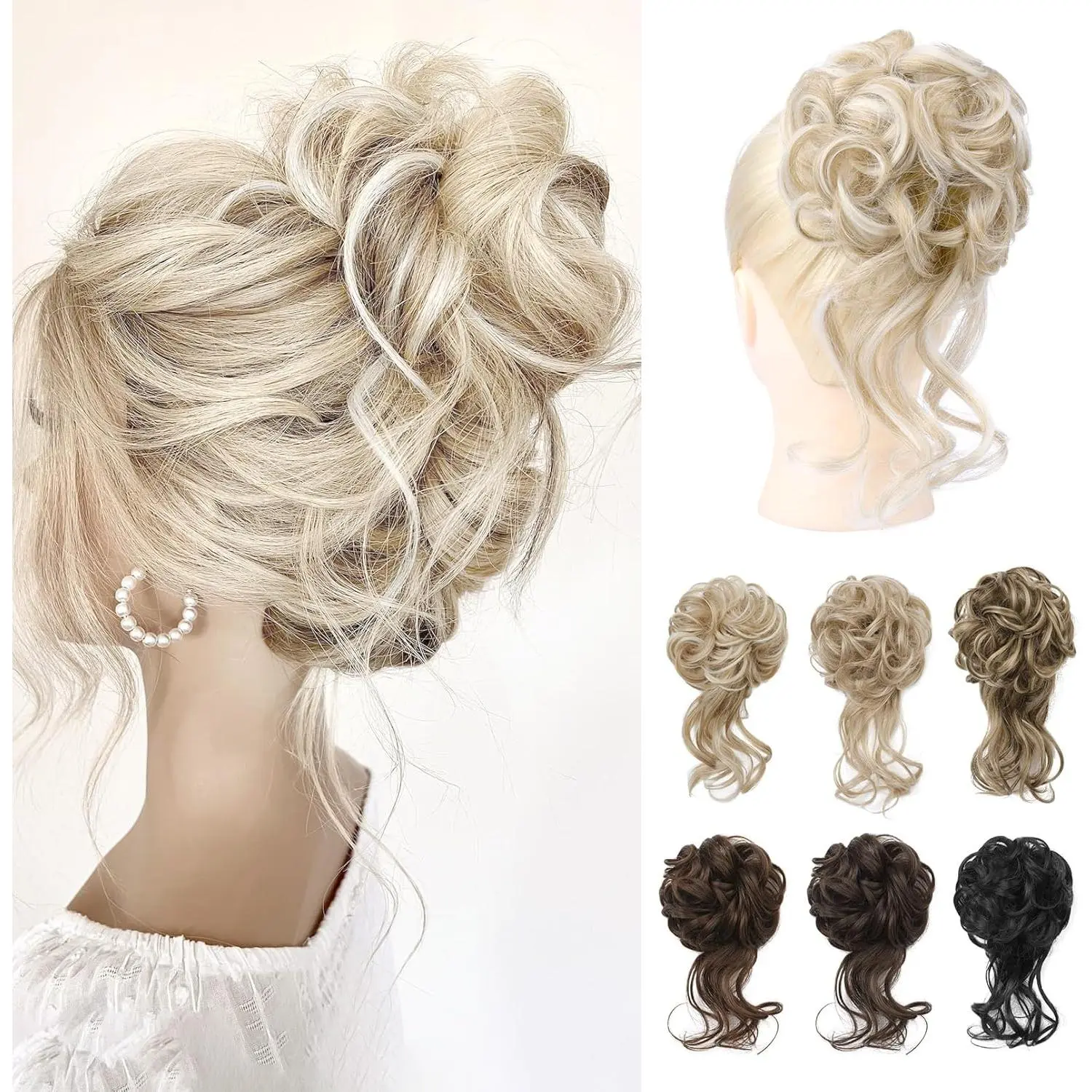 Bun Hair Piece, Tousled Updo Elastic Hair Bun Hairpiece for Women Synthetic Donut Accessories Scrunchies - Light Ash Blonde with Highlights