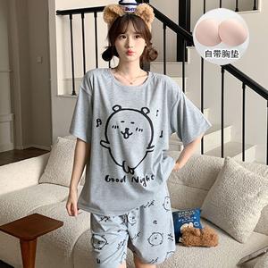 Set Piyama Bra Terbina dalam, Untuk Wanita, Diperbuat daripada Kapas Lembut Berwarna, Cetakan Beruang Deprecating Diri Aneh, Sesuai untuk Tidur & Lounge Musim Bunga / Musim Panas yang Selesa, Pakaian untuk Kegunaan Rumah