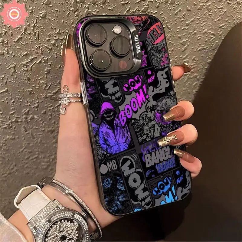 Sunflower Casing Lembut Elf Iblis Grafiti Kartun Lensa Logam Berlapis Mewah Kompatibel Untuk iPhone 11 13 14 12 15 Pro Max 7Plus XR 7 8 Plus X XS Max SE 2020 Casing Ponsel IMD Akrilik Lensa Logam Berlapis Mewah Soft Case Cover 2