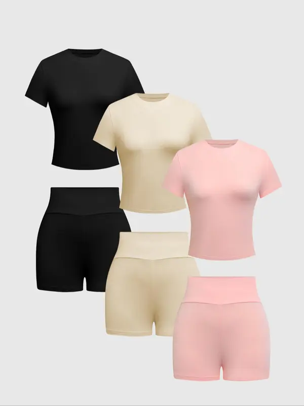 Women's Solid Round Neck Tee & Skinny Shorts Set, Casual Short Sleeve T-shirt & Short Leggings, Ladies Summer Clothes, Matching Set 8