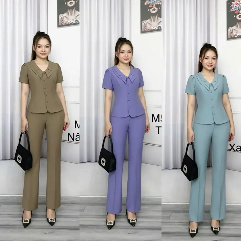 Sét bộ thiết kế cổ cánh lá nhọn quần loe vẩy (chất vải coton lạnh Hàn mềm mại chiều dài quần 96cm ống 24cm